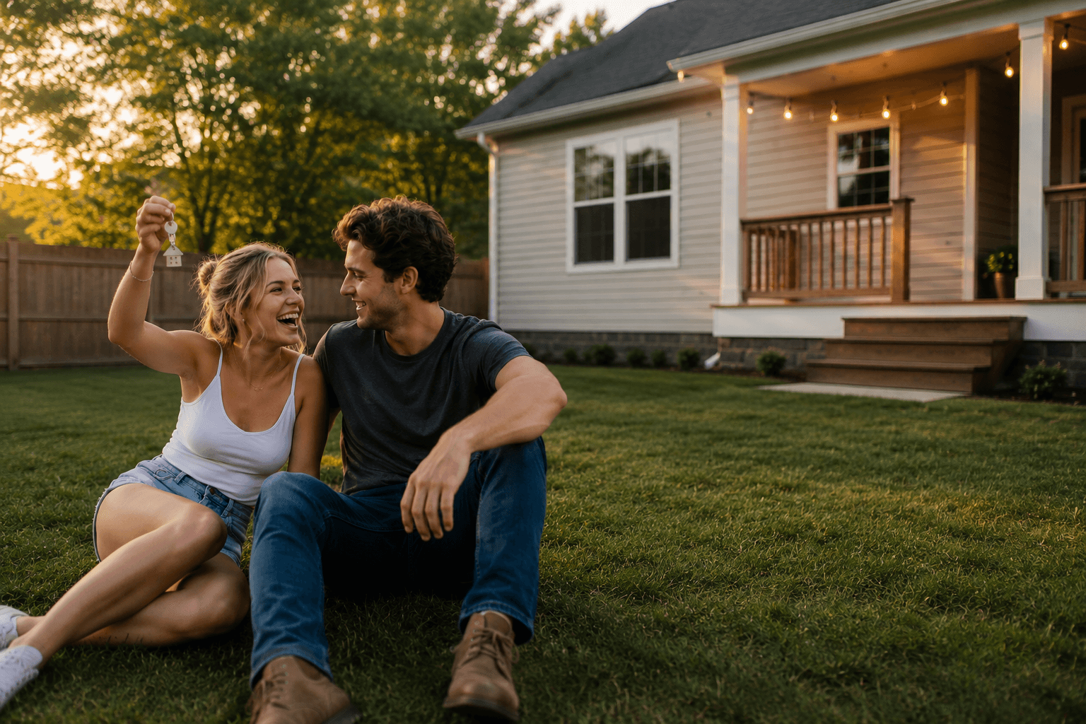 Young couple with house keys sitting in front yard at sunset